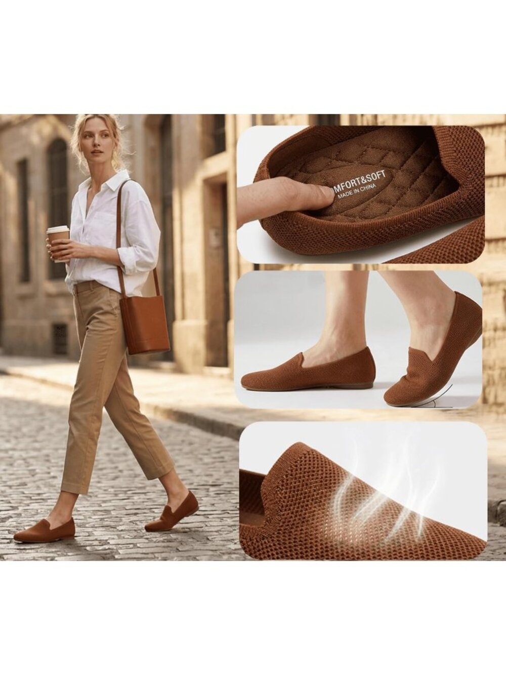 Women's Brown1 Rubber Knit Ballet Flats Arch Support Slip On Foldable Shoes